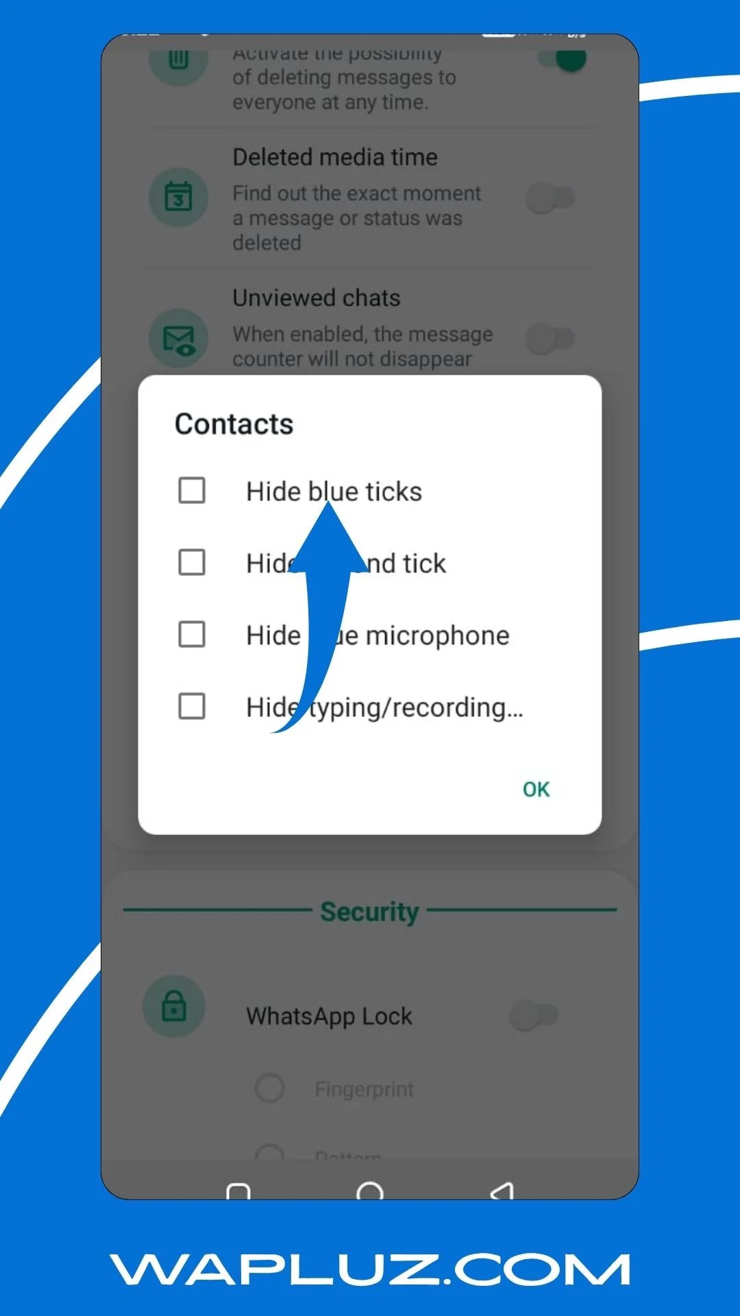 WhatsApp Plus Ocultar Doble Check Azul Micrófono Azul Captura de pantalla
